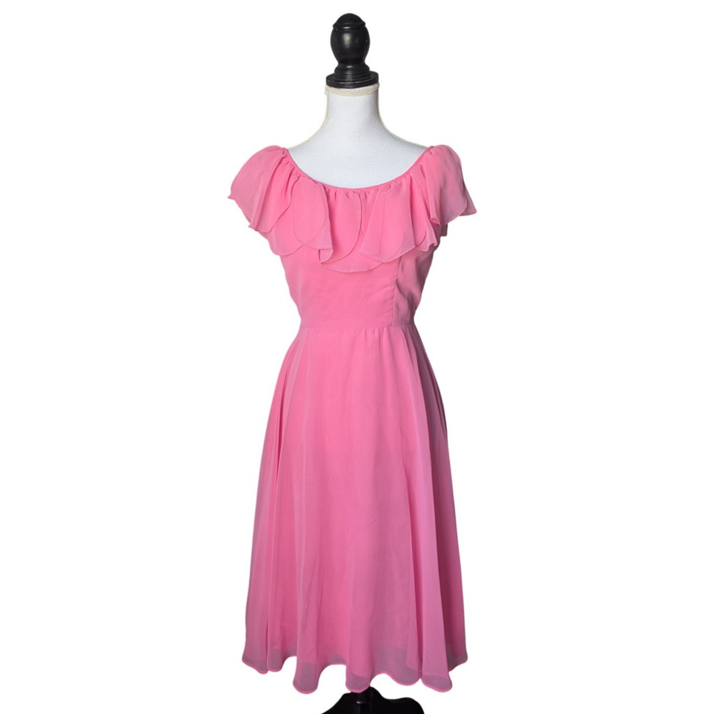 Vintage House of Bianchi Pink Flutter Sleeve Chiffon Midi Dress 1970s XS S
